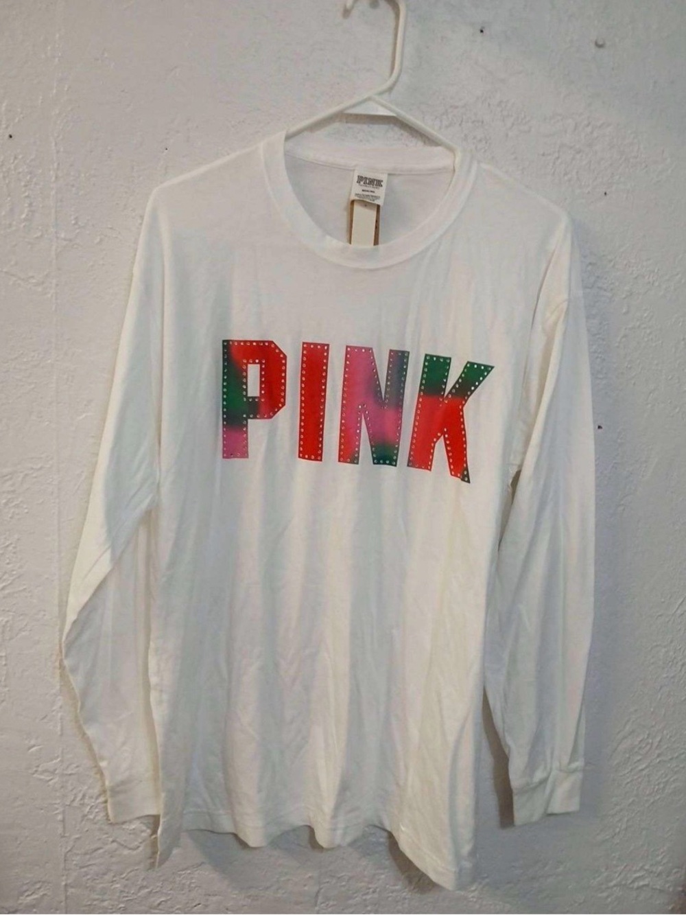 NWT Victoria’s Secret PINK Colorful Rhinestone Logo Long Sleeve Tee M White